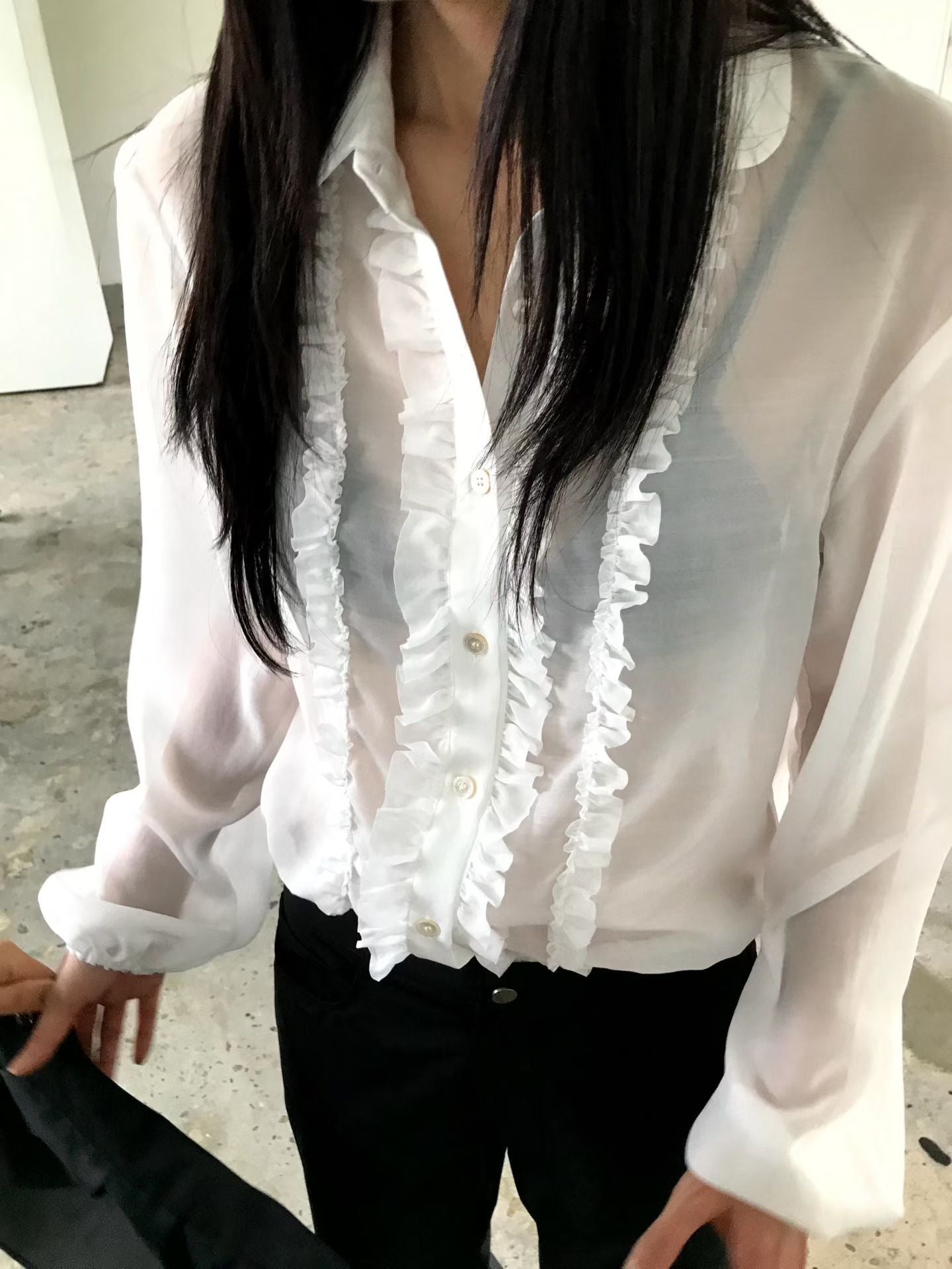 TP21968- 韓國浪漫法式甜美荷葉邊雪紡襯衫