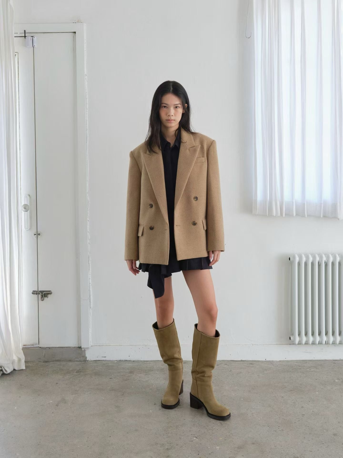 OT22026- 韓國設計師款經典寛鬆百搭毛呢雙排扣西裝