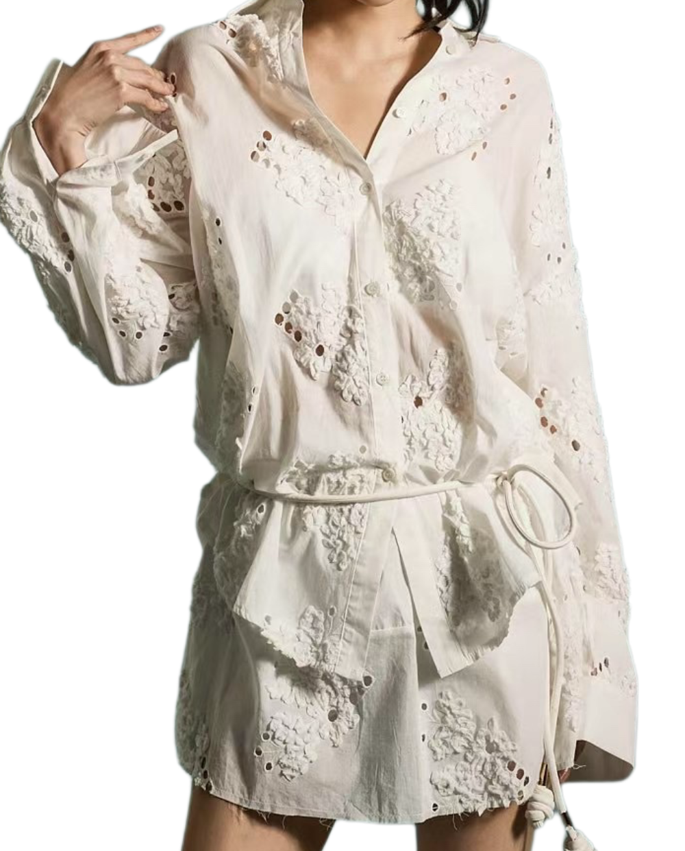ST21309 - Fresh Embroidered Oversize Shirt and Skirt Set, a Fashionable and Elegant Essential.