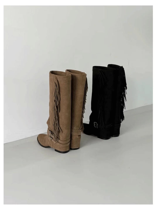 SH21826- 韓國麂皮絨牛皮流蘇高筒靴