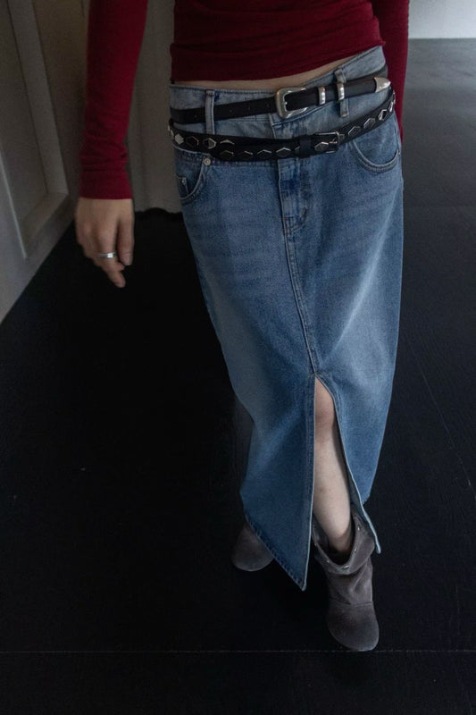 SK21893- 韓國撞色腰前開衩長款牛仔裙(不包皮带)