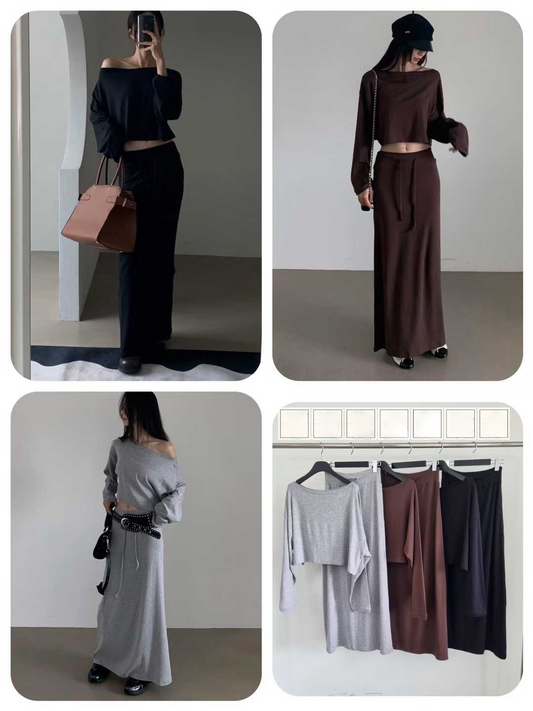 ST21862- 韓系極簡針織露肩長袖上衣+高腰長裙套裝|顯瘦休閒兩件式套裝 女生時尚百搭裙裝(3色)