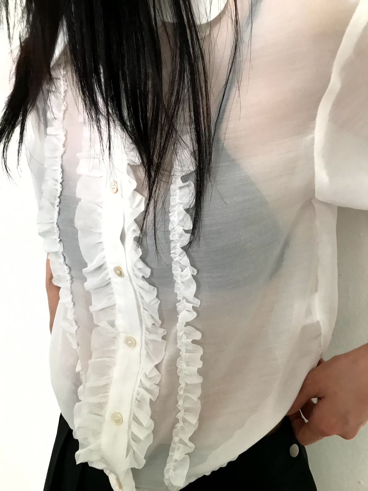 TP21968- 韓國浪漫法式甜美荷葉邊雪紡襯衫