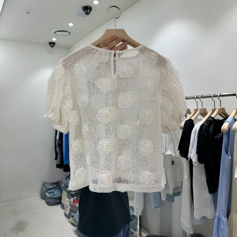 TP21539B- 立體花朵蕾絲泡泡袖透膚上衣