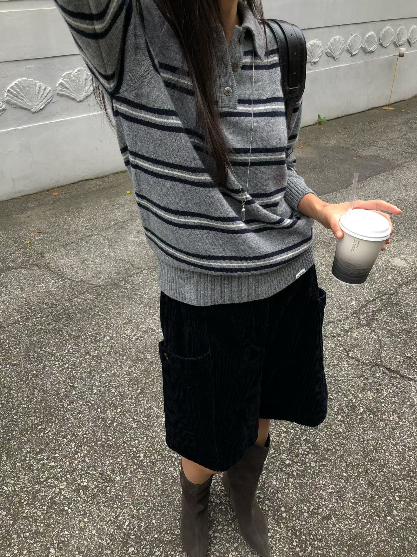 TP21932- 韓國舒適polo領寬條紋針織衫