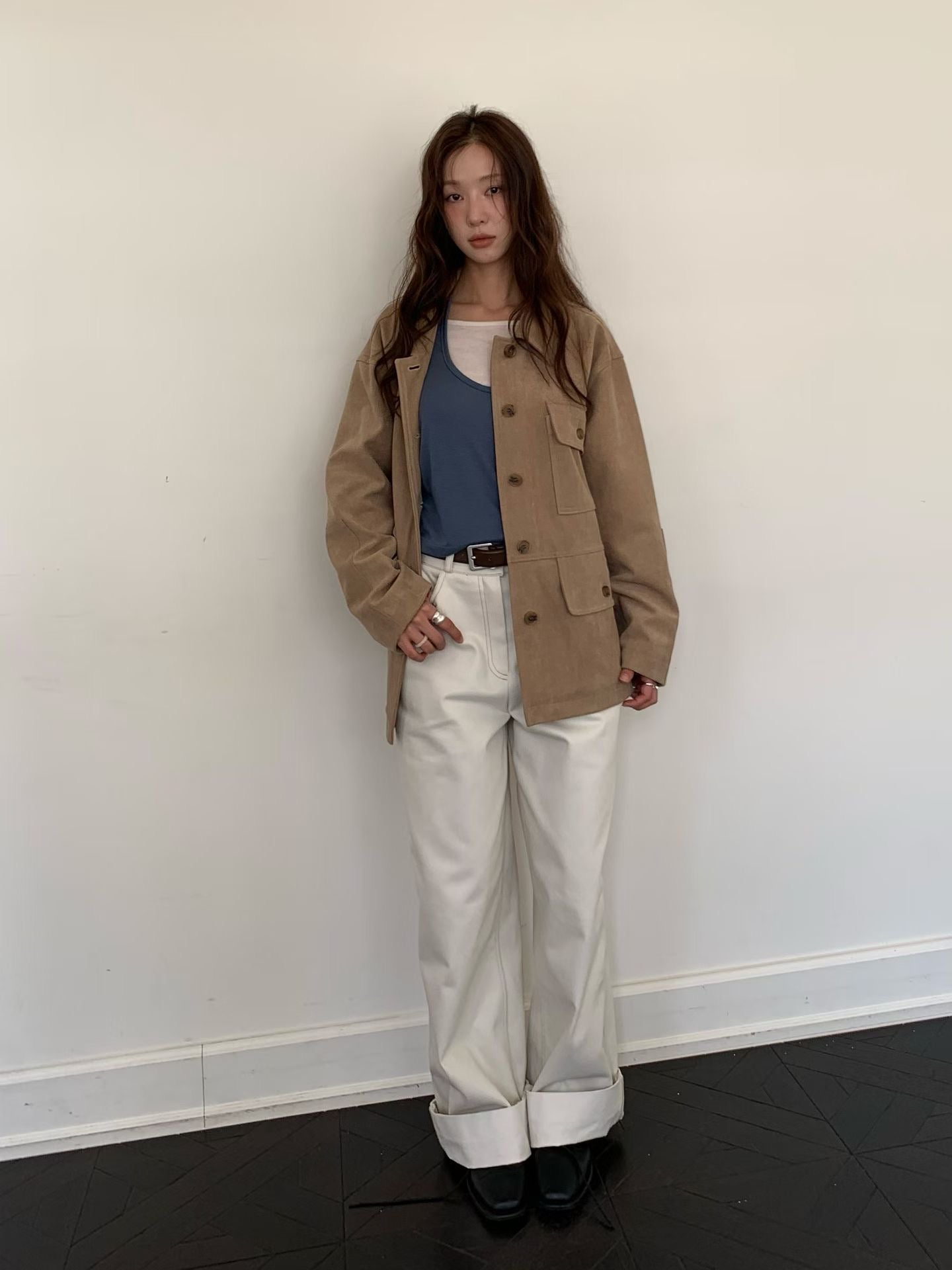 OT22018- 韓國復古寬鬆工裝大口袋翻領高品質防麂皮外套