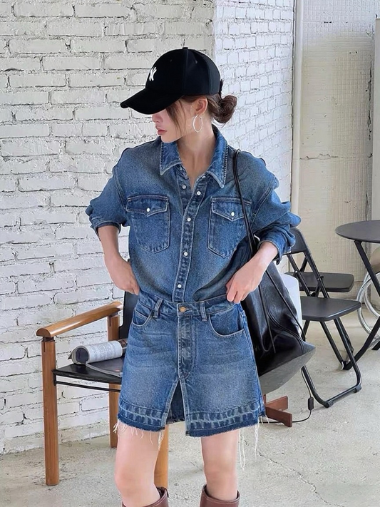 DS21831- 時尚襯衫領牛仔連身裙(不包腰带)