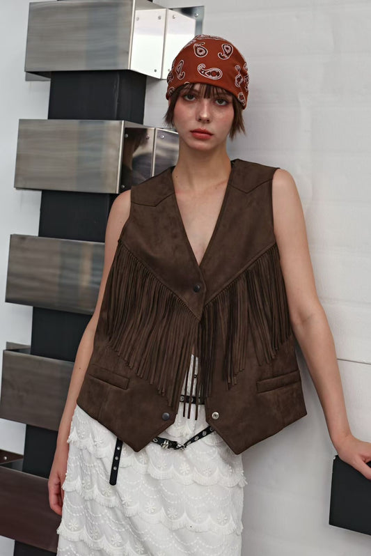 TP21890- 韓國波希米亞風流蘇麂皮馬甲背心