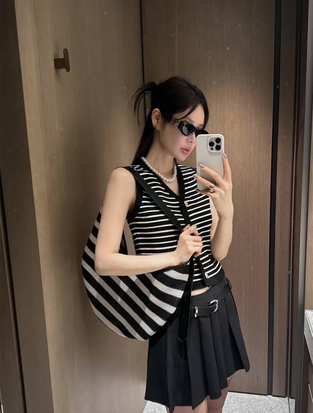 TP21513- 法式小香風條紋針織短版上衣