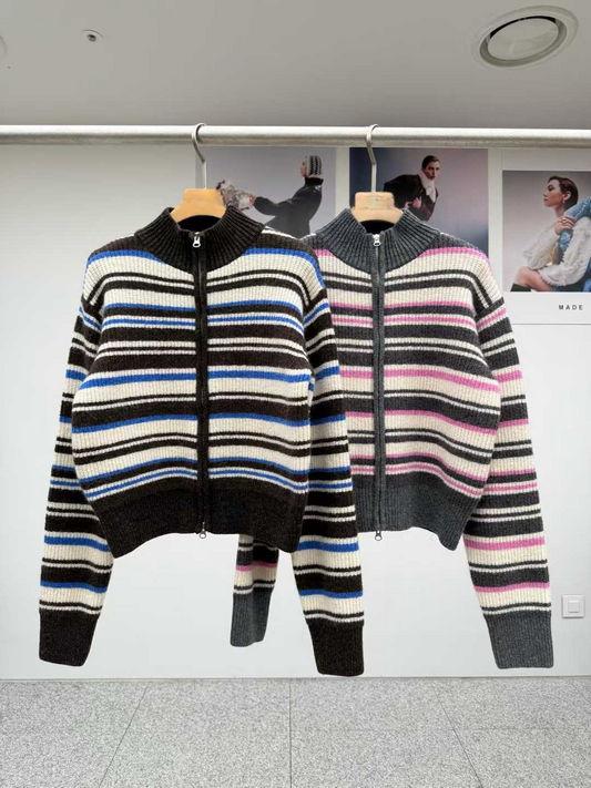 TP22080- 韓國高質感羊駝毛混紡條紋休閒針織外套