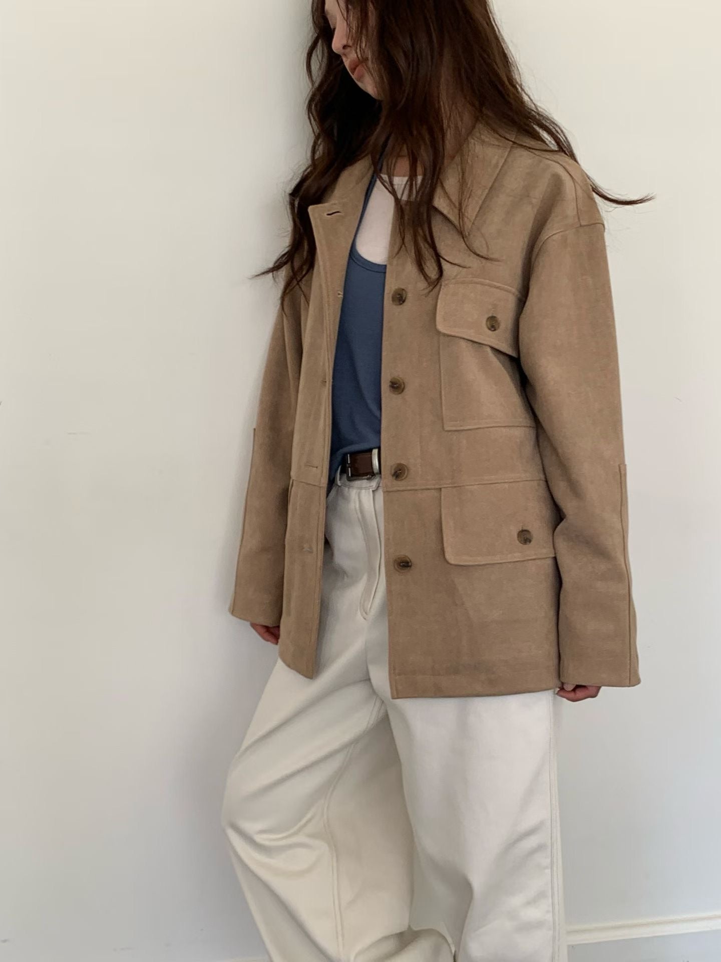 OT22018- 韓國復古寬鬆工裝大口袋翻領高品質防麂皮外套