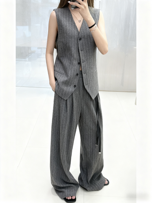 ST21960- 時尚V領條紋羊毛西裝馬甲背心長褲套裝
