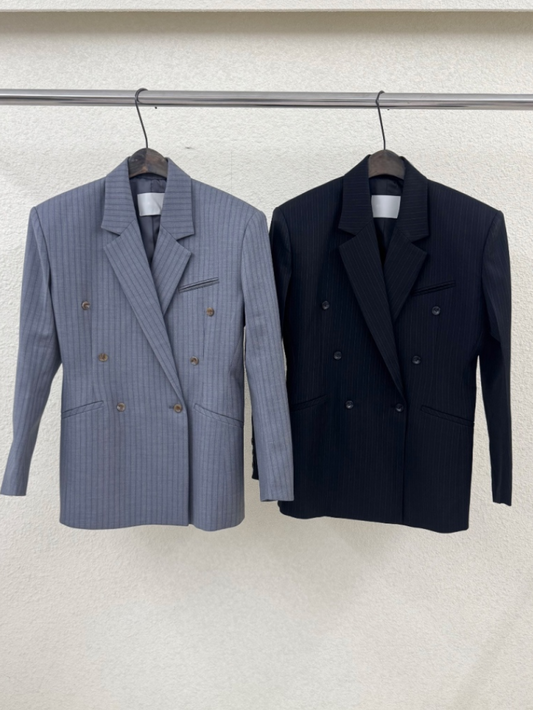 ST22602- 韓國設計師早春新款條紋雙排扣西裝