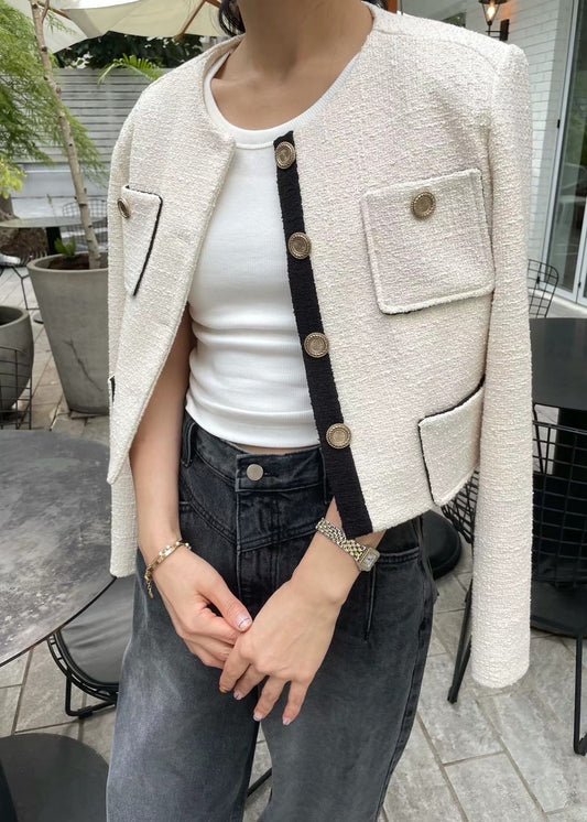 OT11220- 韓系氣質優雅小香風圓領拼色短外套