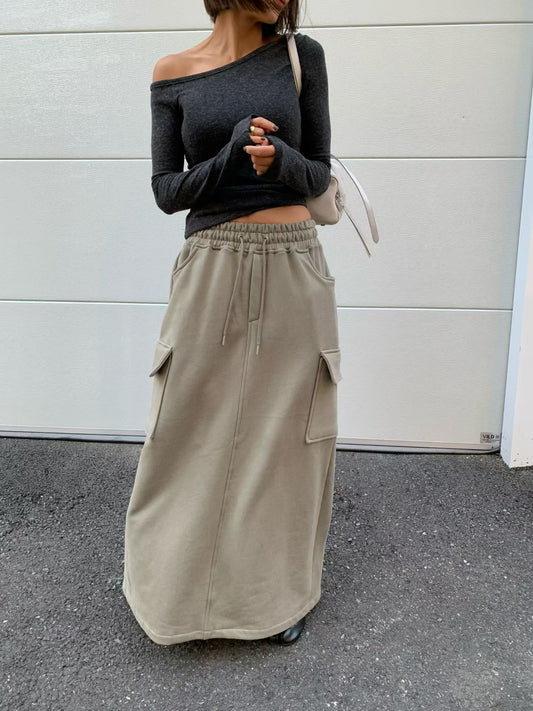 SK21962- 韓國工裝大口袋抽繩鬆緊腰長裙