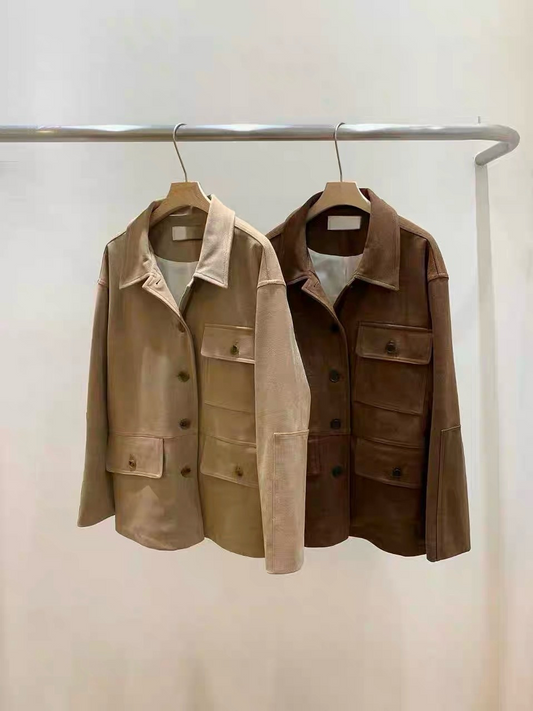 OT22018- 韓國復古寬鬆工裝大口袋翻領高品質防麂皮外套