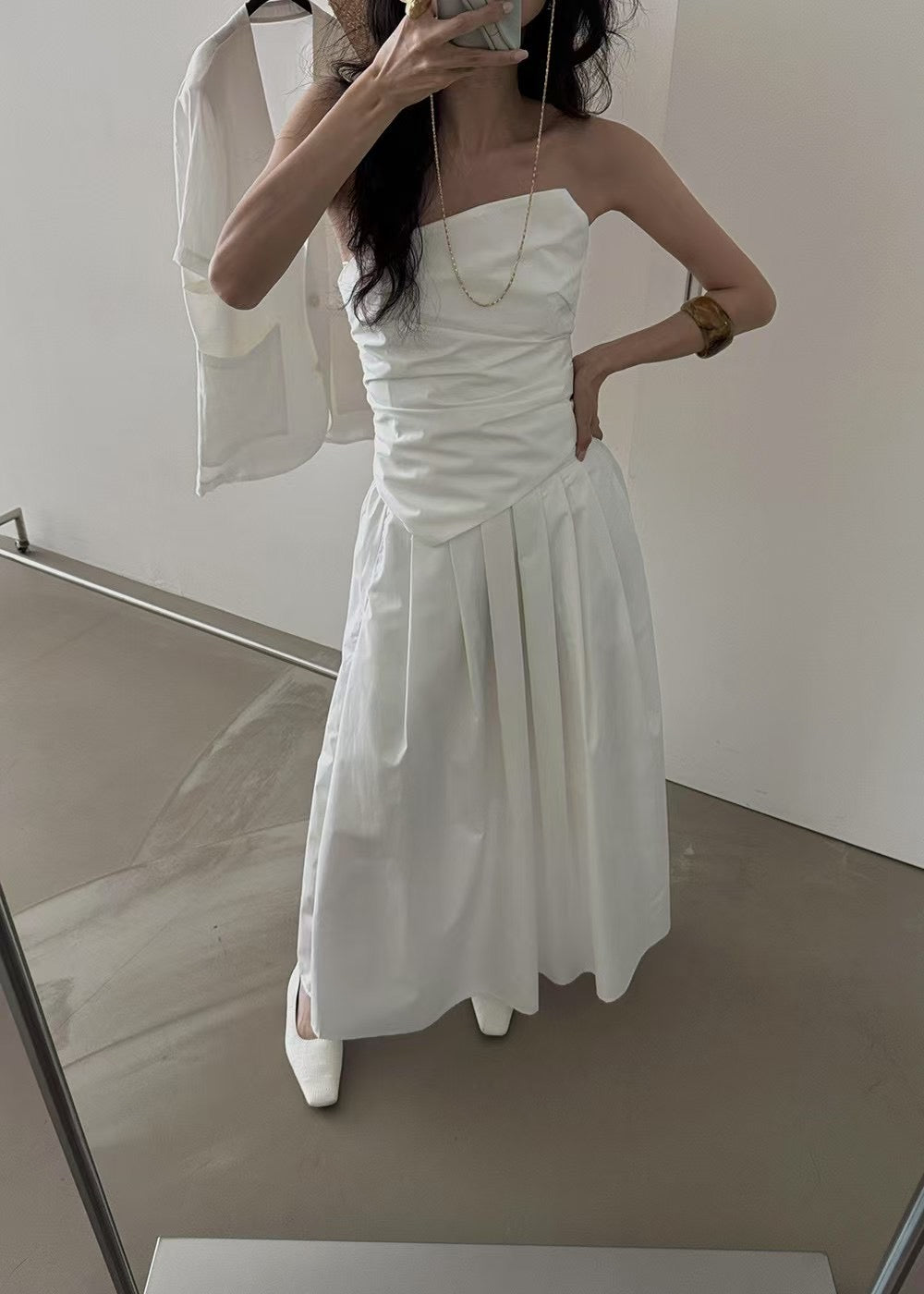 ST21506 - Designer niche asymmetrical pleated strapless top and A-line skirt set