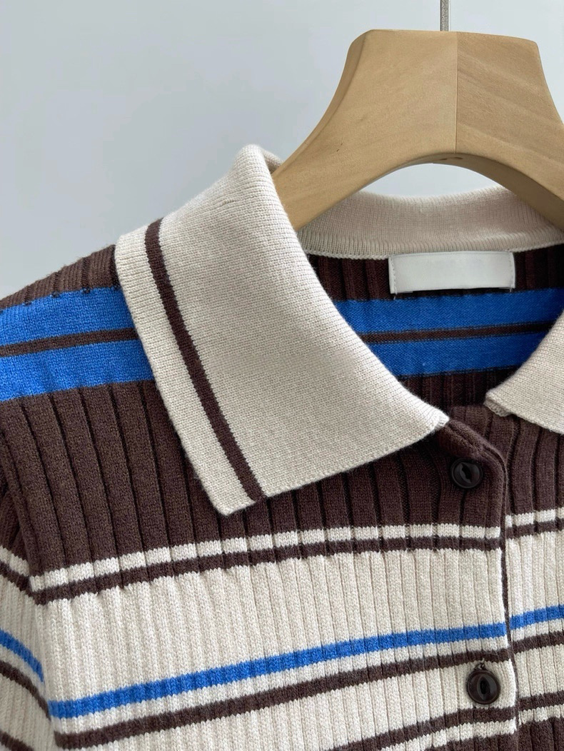 TP22006- 韓國短身復古修身撞色條紋毛衣針織開襟衫