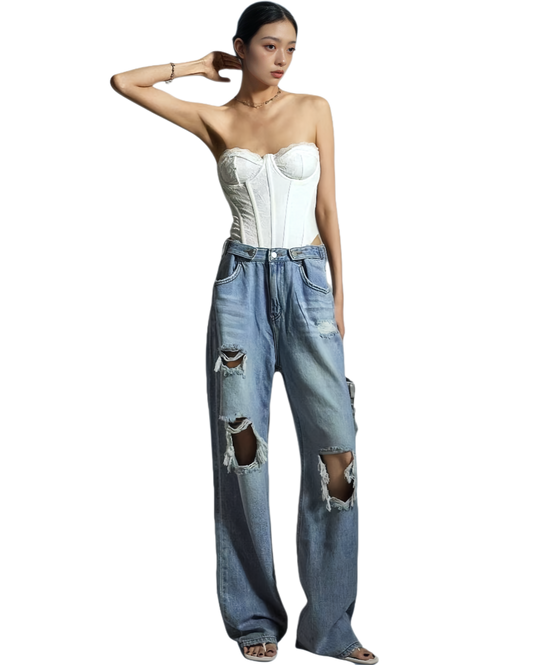 DN21530- 街頭風低腰破洞牛仔寬褲