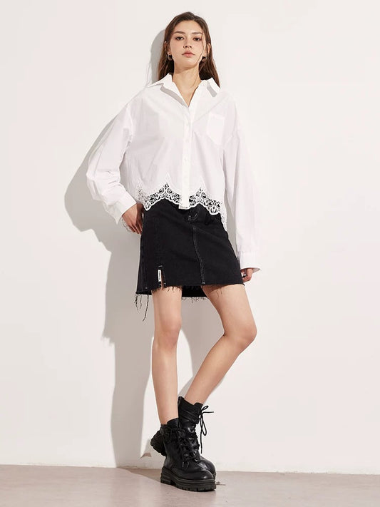 TP11330- 優雅法式蕾絲拼接設計感女裝白襯衫