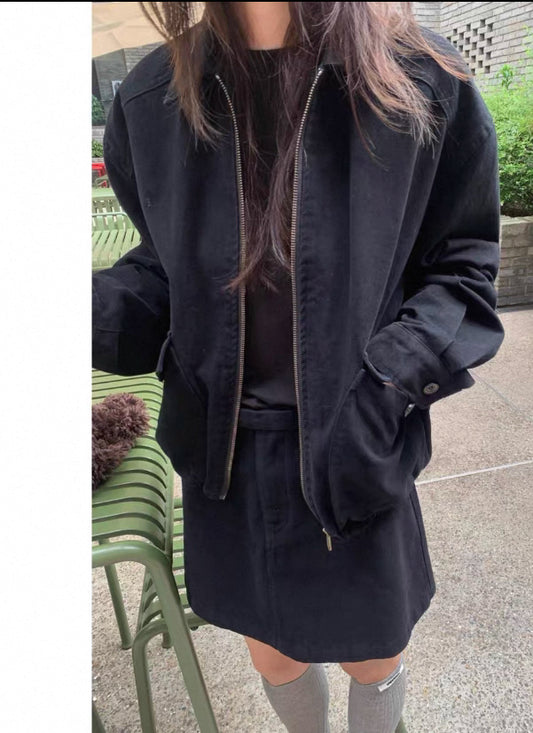 ST21963- 韓國翻領拉鍊外套+短裙半身裙套裝