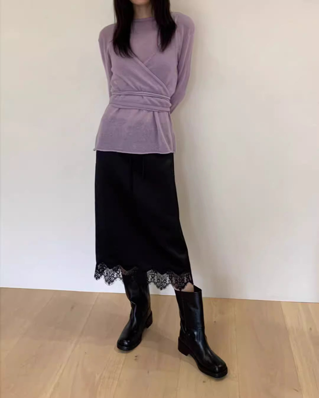 SK21923- 韓國法式輕奢蕾絲絲緞修身中長裙