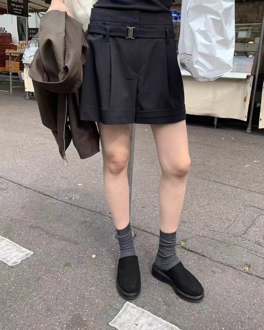 PT21928- 韓國寬鬆百搭羊毛混紡高腰寬管短褲