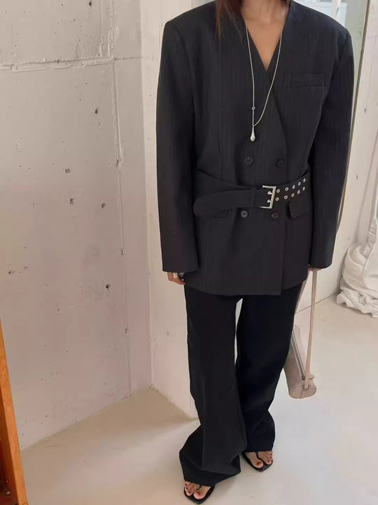 OT21990- 韓國個性俐落無領條紋收腰西裝外套