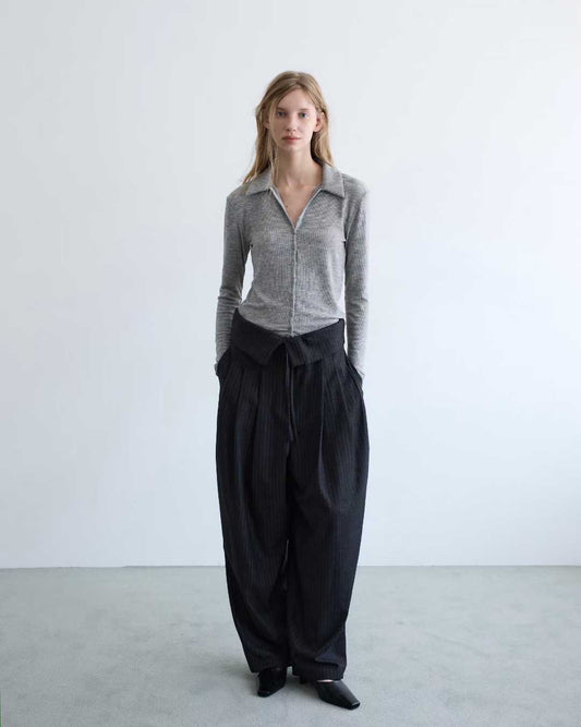 PT21992- 韓國腰頭折疊條紋長褲