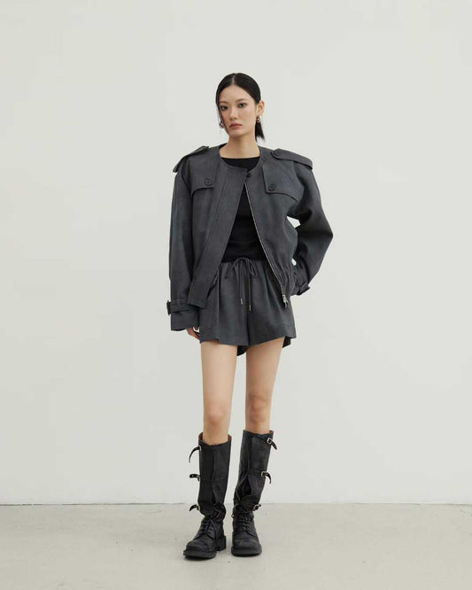 ST21970- 韓國設計師款無領軍裝短夾克套裝