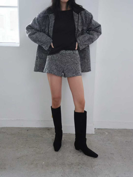 ST22002- 韓國設計師款重工人字紋皮革拼接中長外套與短褲套裝