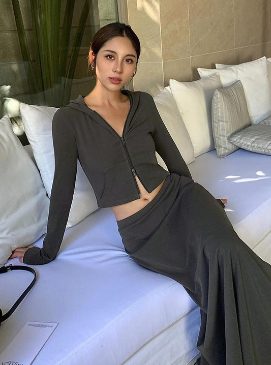 ST11226A - Women's Ultimate Slim Fit Short Double Zipper Hooded Sports Leisure Sweatshirt