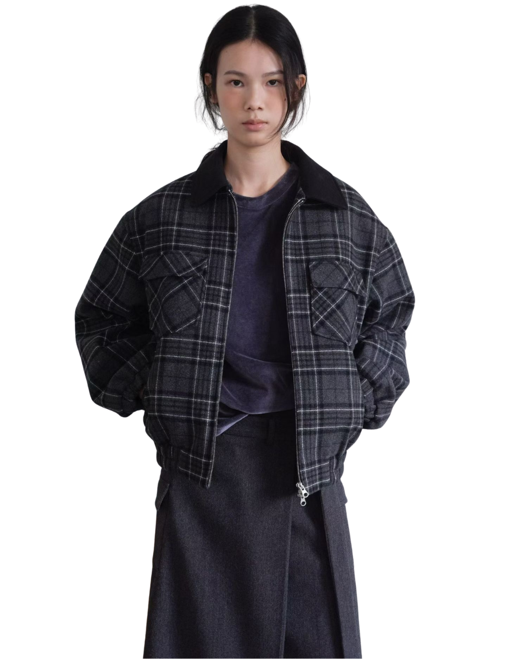 OT22028- 韓國設計師款學院風格紋毛呢短版外套