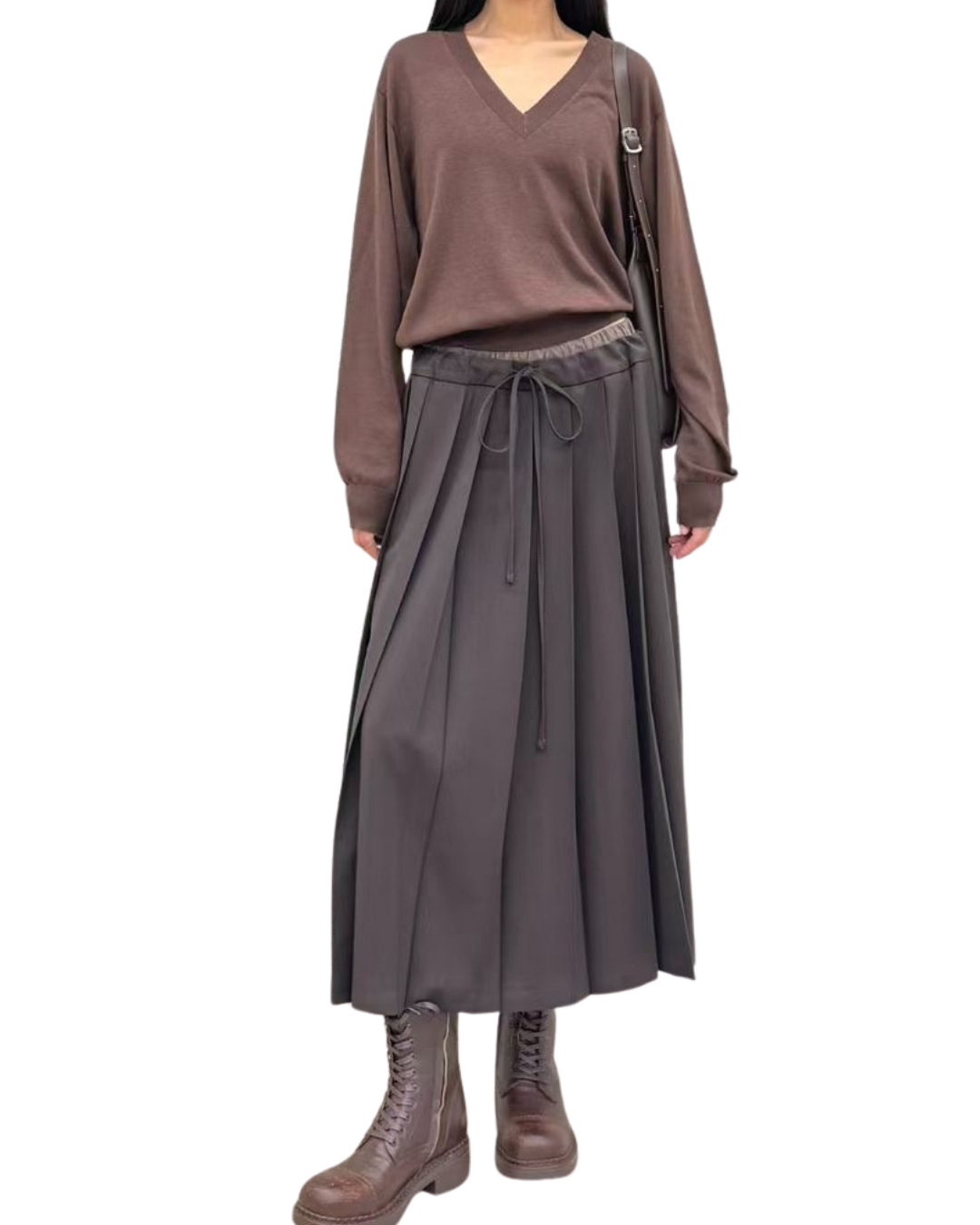 ST22030- 韓國拼色百褶裙配真絲羊毛透薄V領長袖