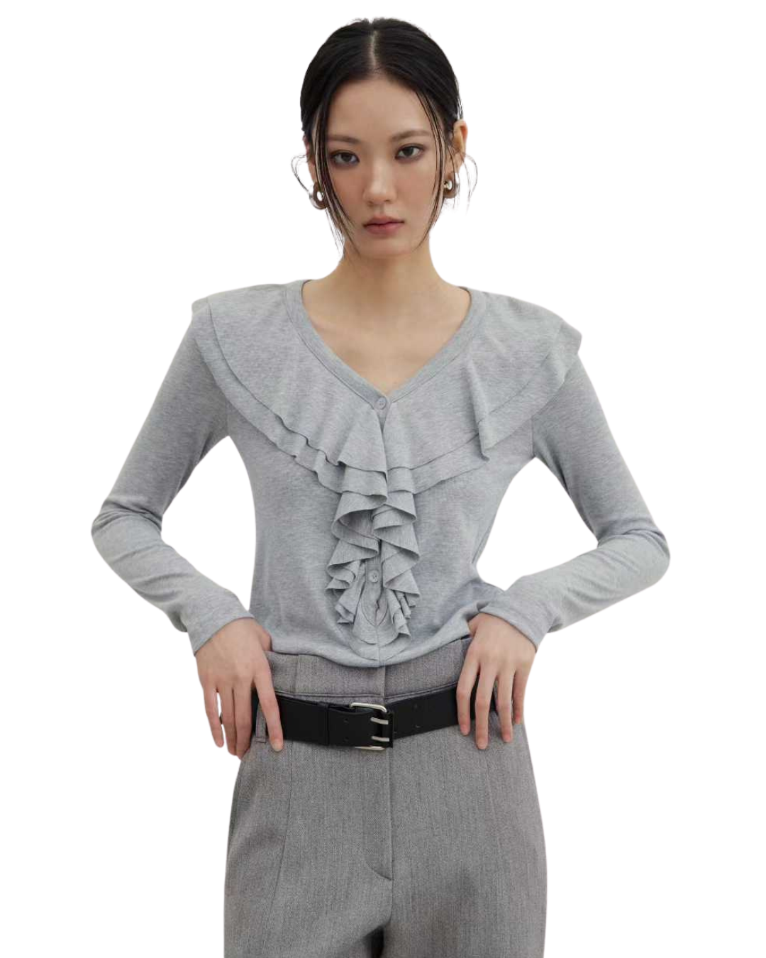 TP22016- 韓國設計師款荷葉領氣質修身長袖T恤上衣