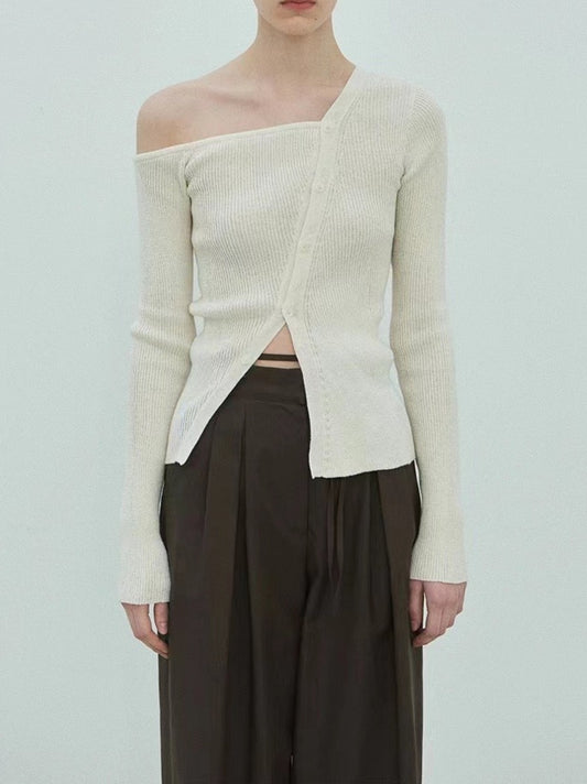 TP11239- 韓國不对称露肩修身薄款長袖針織上衣