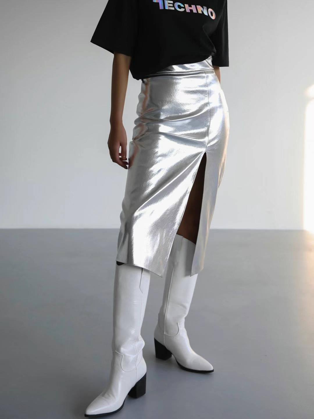 BT11123B - Metallic high-waisted slit hip-covering slim PU leather skirt