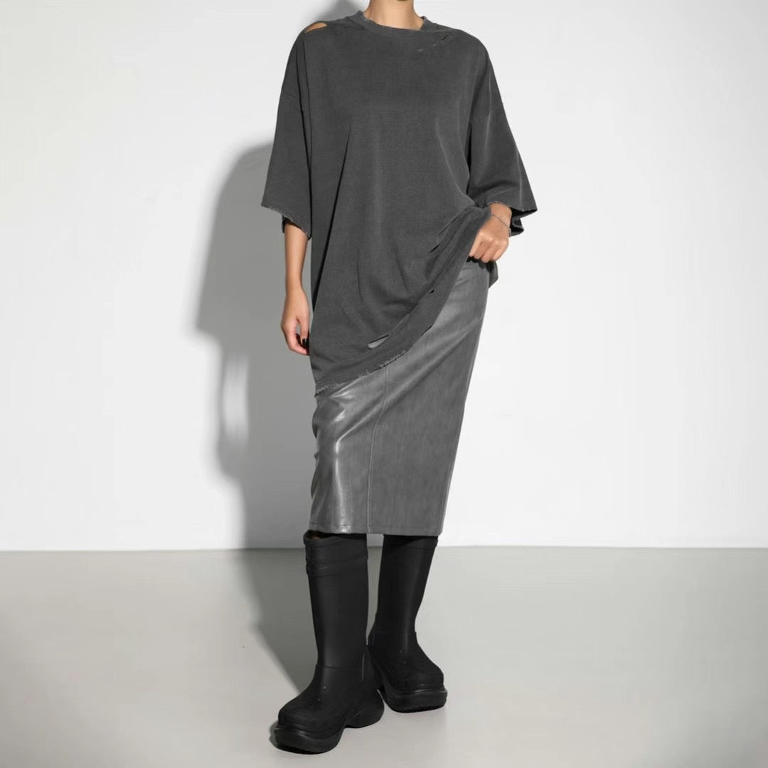 TP11236B- 韓國嘻哈磨爛破洞短袖oversize T-shirt