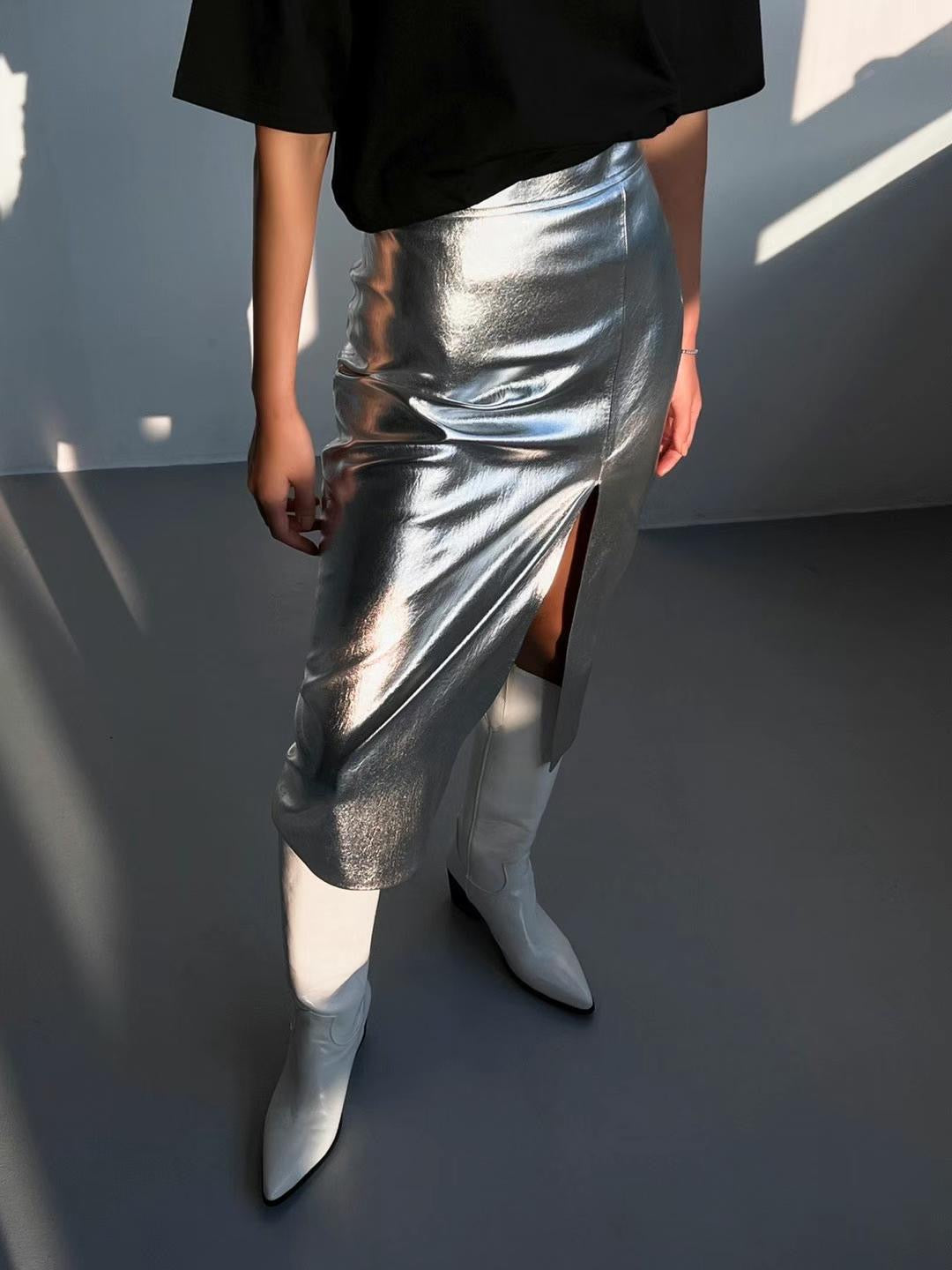 BT11123B - Metallic high-waisted slit hip-covering slim PU leather skirt