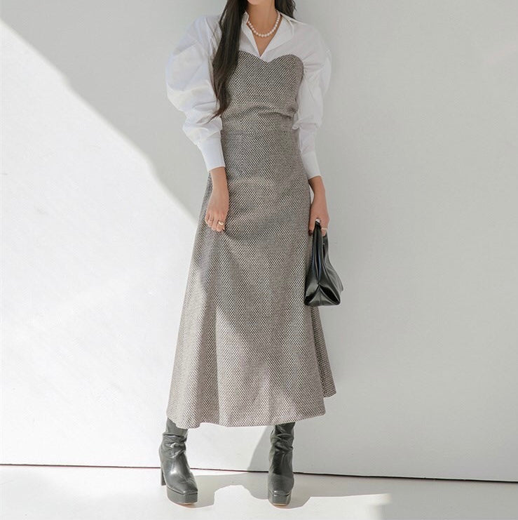 DS11178-韓圍復古優雅心形領羊毛混紡抹胸長裙 (Re-stock)