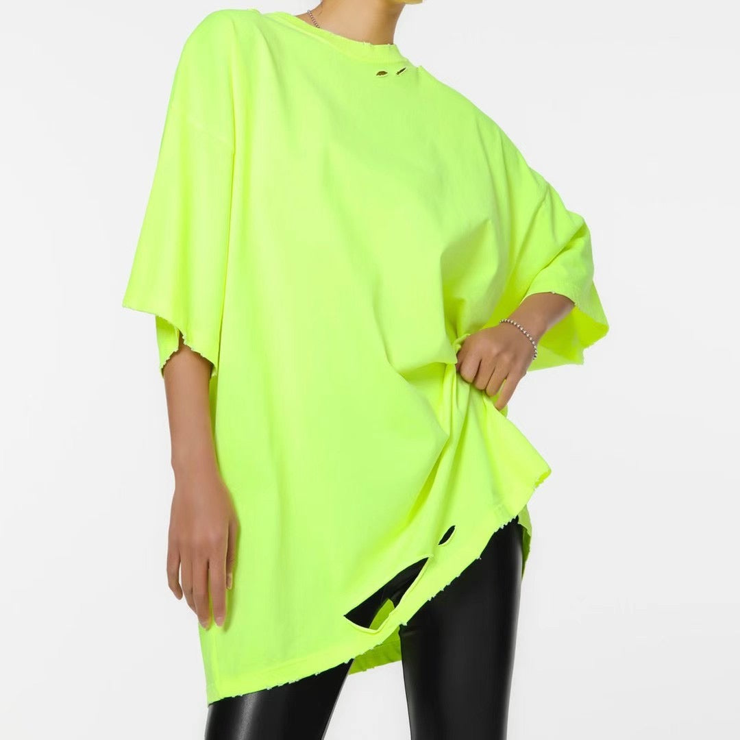 TP11236B- 韓國嘻哈磨爛破洞短袖oversize T-shirt