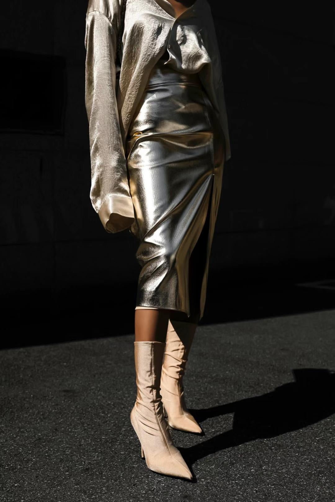 BT11123B - Metallic high-waisted slit hip-covering slim PU leather skirt
