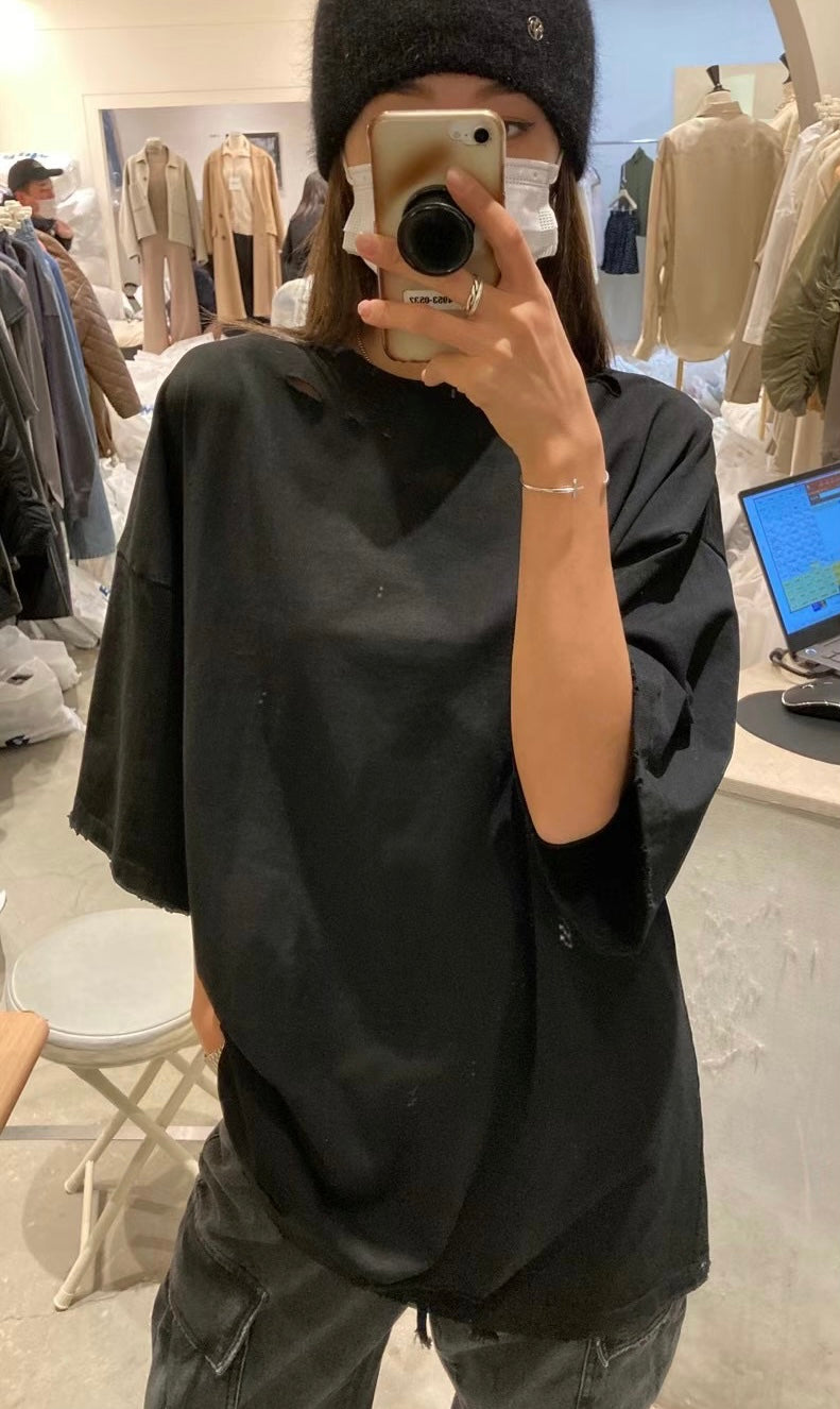 TP11236B- 韓國嘻哈磨爛破洞短袖oversize T-shirt