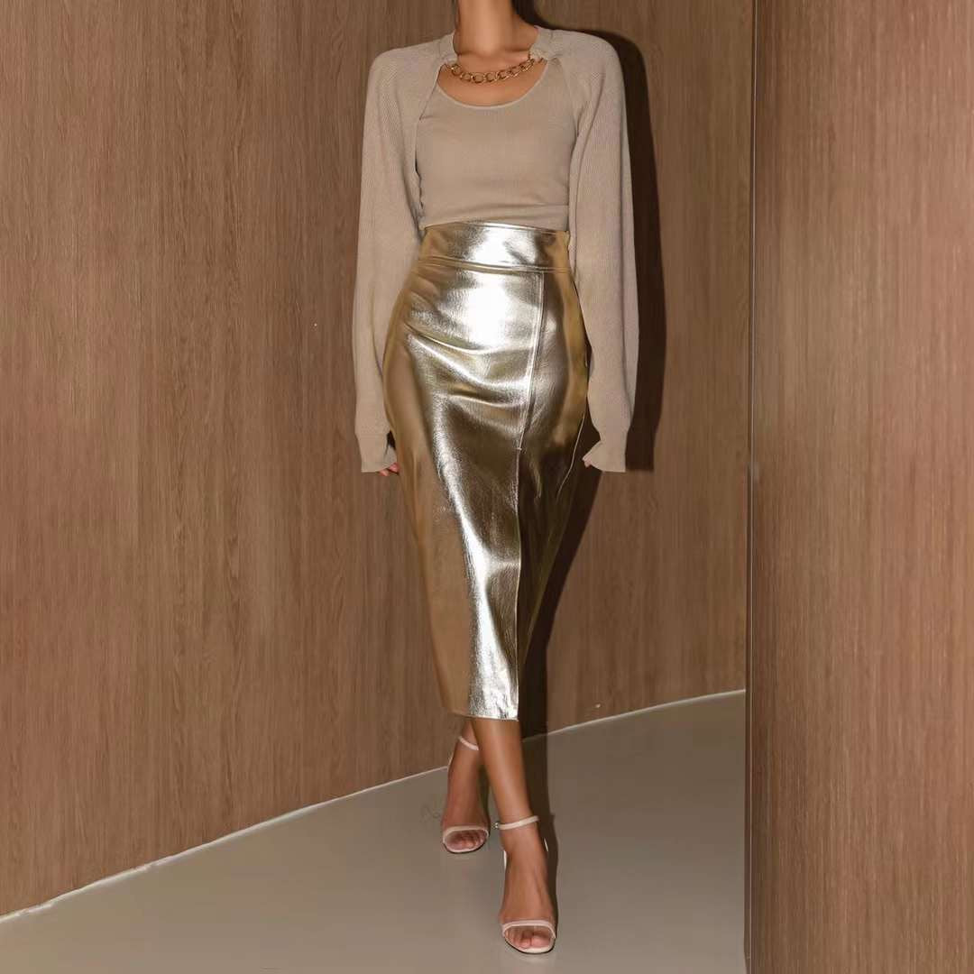 BT11123B - Metallic high-waisted slit hip-covering slim PU leather skirt