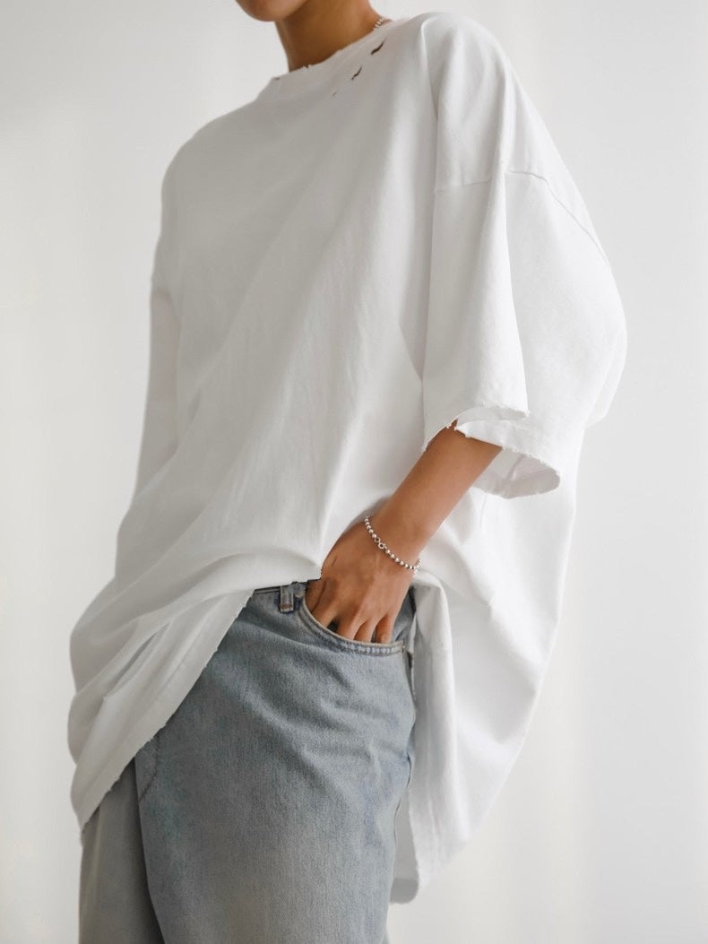 TP11236B- 韓國嘻哈磨爛破洞短袖oversize T-shirt