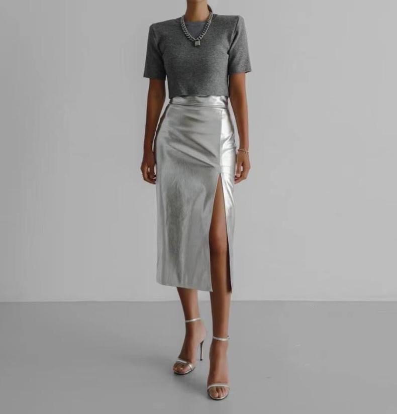 BT11123B - Metallic high-waisted slit hip-covering slim PU leather skirt