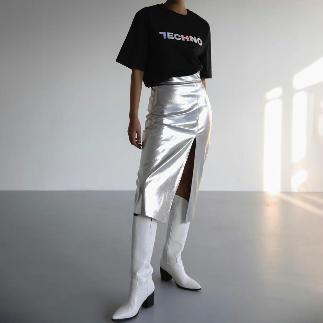 BT11123B - Metallic high-waisted slit hip-covering slim PU leather skirt