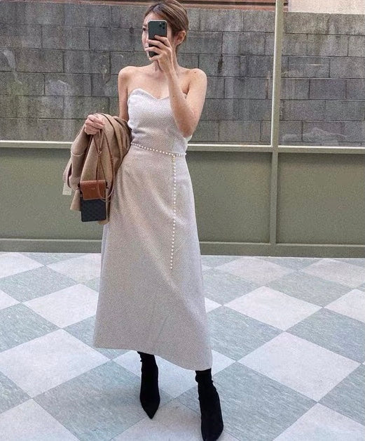 DS11178-韓圍復古優雅心形領羊毛混紡抹胸長裙 (Re-stock)