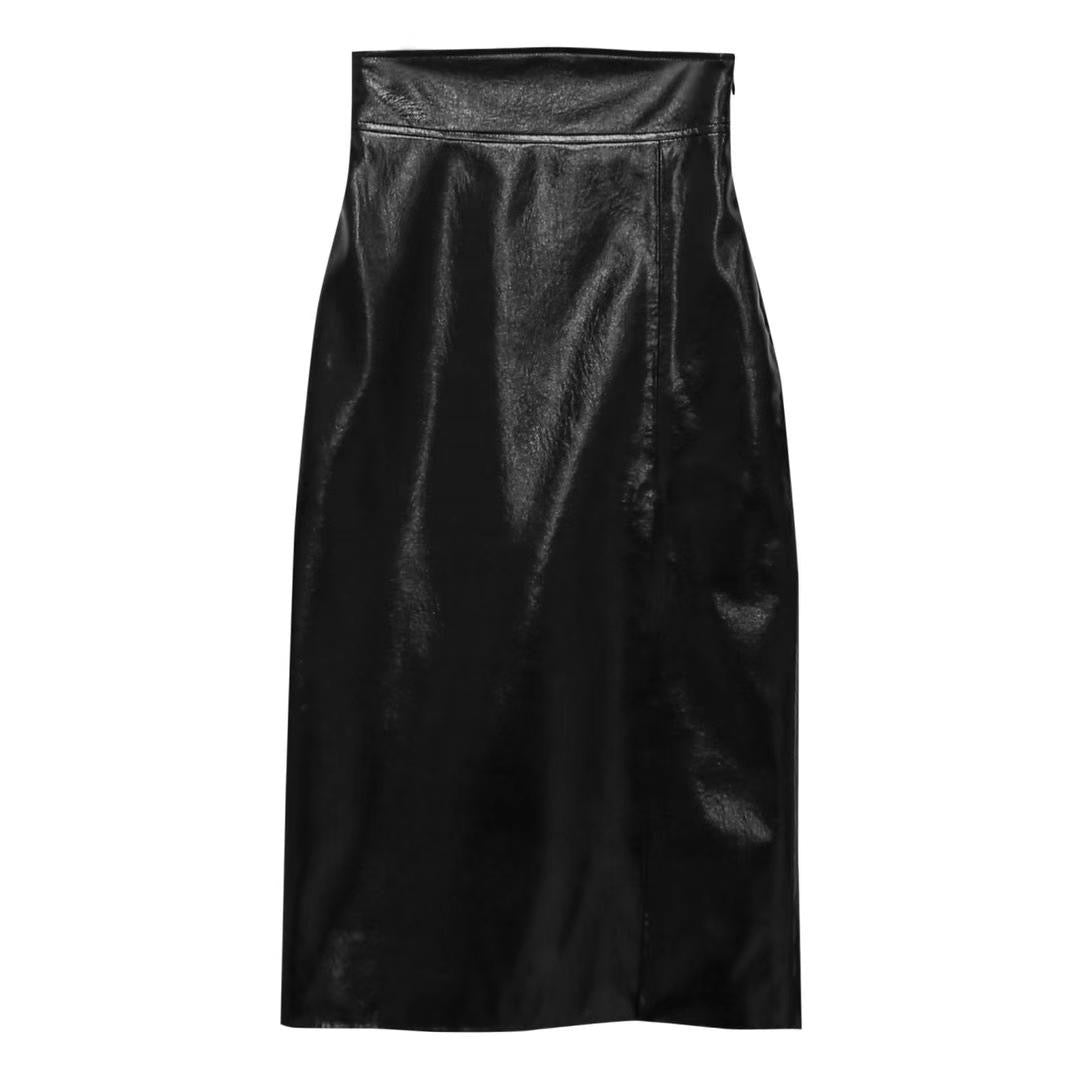 BT11123B - Metallic high-waisted slit hip-covering slim PU leather skirt