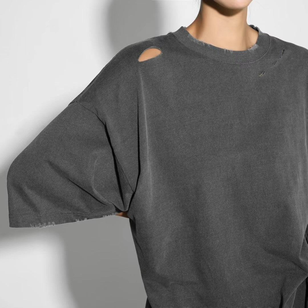 TP11236B- 韓國嘻哈磨爛破洞短袖oversize T-shirt